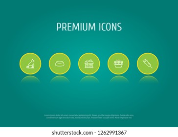 Set of 5 pets icons line style set. Collection of store, injection, sitting and other elements.
