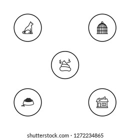 Set of 5 pets icons line style set. Collection of shit, sitting, store and other elements.