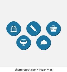 Set Of 5 Pets Icons Set.Collection Of Pet Crate, Neckband , Injection Elements.