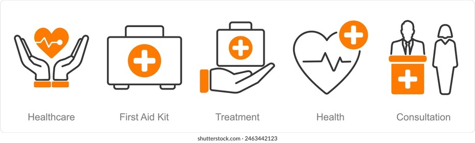 A set of 5 Pharmacy icons as health care, first aid kit, treatment