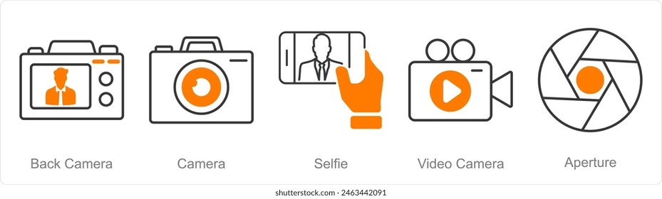 Ein Set von 5 Fotografie-Icons als Rückfahrkamera, Kamera, Selfie