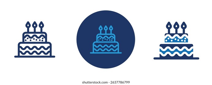Set of 5 pixel perfect colored Birthday Cake icon with 1 unexpanded, 1 silhouette, Stylized birthday cake icon with candles for celebration designs.