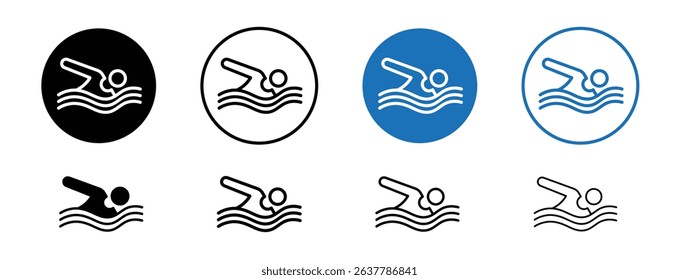 Set of 5 pixel perfect colored swimming icon with 1 unexpanded, 1 silhouette, Icon of a swimmer representing water sports or fitness.