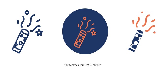 Set of 5 pixel perfect colored Party Popper icons with 1 unexpanded, 1 silhouette, Set of party popper icons for party and celebration designs.