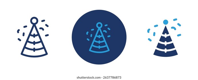 Set of 5 pixel perfect colored Party Hat icon with 1 unexpanded, 1 silhouette, Classic party hat icon for celebrations and festive designs.