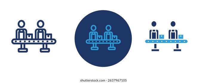 Set of 5 pixel perfect colored Assembly line icon with 1 unexpanded, 1 silhouette, Factory conveyor with items moving and robotic arms working on production.