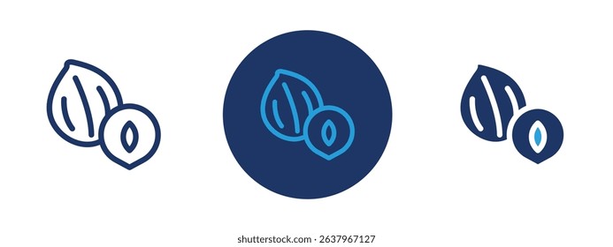 Set of 5 pixel perfect colored Hazelnut icon with 1 unexpanded, 1 silhouette, Whole and shelled hazelnuts representing food or ingredient.