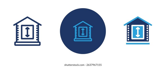 Set of 5 pixel perfect colored Minimum ceiling heights icon with 1 unexpanded, 1 silhouette, Arrows and room showing minimum clearance or ceiling height.