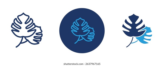 Set of 5 pixel perfect colored Monstera leaves icon with 1 unexpanded, 1 silhouette, Stylized tropical Monstera leaves representing nature, interior decor, or exotic plants.