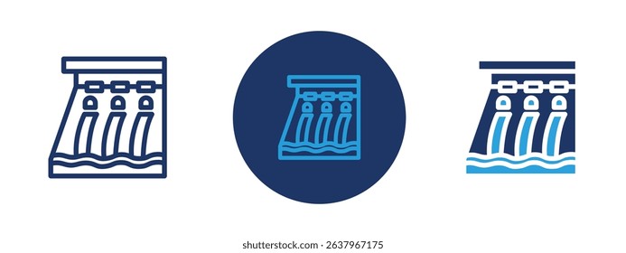 Set of 5 pixel perfect colored Hydroelectric dam icon with 1 unexpanded, 1 silhouette, Dam with flowing water and turbine symbolizing hydro power.