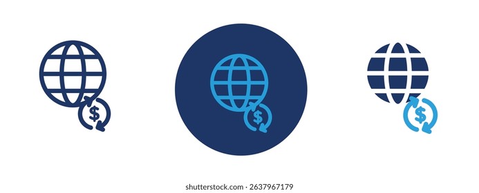 Set of 5 pixel perfect colored International money transfer icon with 1 unexpanded, 1 silhouette, Two currencies with arrows between them showing financial exchange across countries.