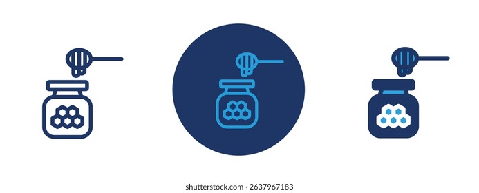 Set of 5 pixel perfect colored Honey jar with dipper icon with 1 unexpanded, 1 silhouette, A jar filled with honey and a wooden honey dipper dripping golden liquid.