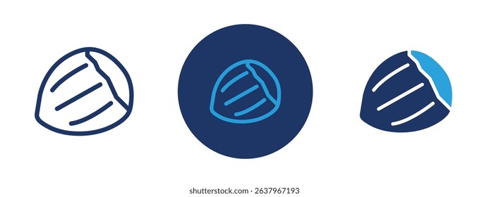 Set of 5 pixel perfect colored Hazelnut icon with 1 unexpanded, 1 silhouette, Illustration of hazelnuts, including shelled and unshelled versions, representing nuts and food ingredients.