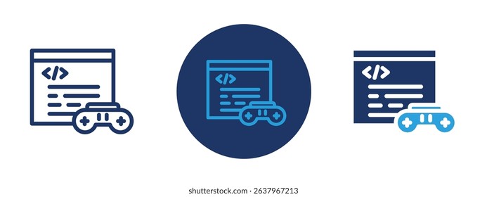 Set of 5 pixel perfect colored Game developing icon with 1 unexpanded, 1 silhouette, Computer screen with game controller and gear, representing video game development.
