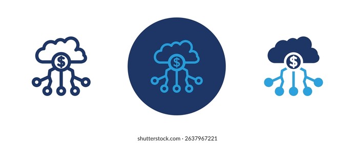 Set of 5 pixel perfect colored Fintech industry icon with 1 unexpanded, 1 silhouette, Icon showing a combination of digital currency, smartphone, and bank, representing financial technology.