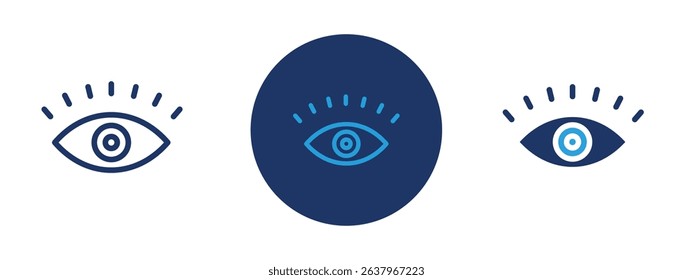 Set of 5 pixel perfect colored Eye icon with 1 unexpanded, 1 silhouette, Human eye symbol representing vision or viewing.