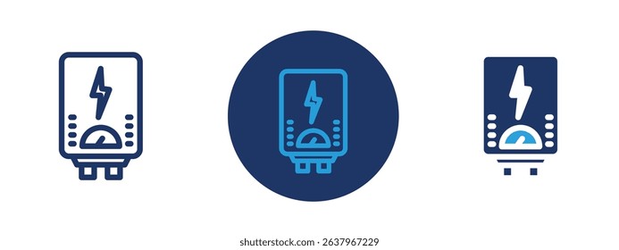 Set of 5 pixel perfect colored Electric heating boiler icon with 1 unexpanded, 1 silhouette, Wall-mounted boiler with electrical symbol indicating water heating system.