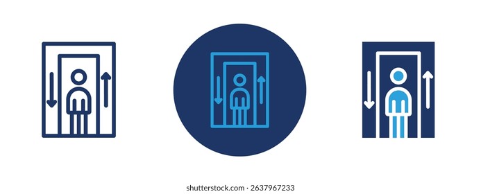 Set of 5 pixel perfect colored Elevator lift icon with 1 unexpanded, 1 silhouette, Symbol of an elevator with up and down arrows and enclosed cabin.