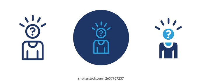 Set of 5 pixel perfect colored Curiosity icon with 1 unexpanded, 1 silhouette, Magnifying glass over head or question mark symbolizing curiosity.