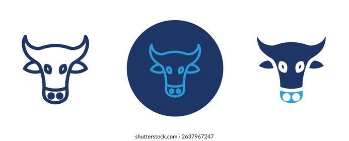 Set of 5 pixel perfect colored Cow head icon with 1 unexpanded, 1 silhouette, Front view of a cow’s face or head, simplified for agriculture or dairy themes.