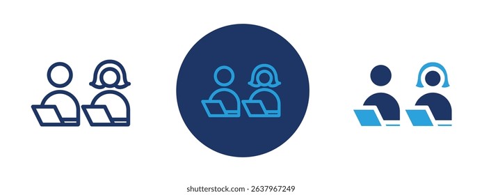 Set of 5 pixel perfect colored Coworking icon with 1 unexpanded, 1 silhouette, Multiple people at desk indicating shared working space.
