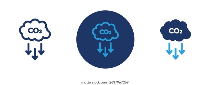 Set of 5 pixel perfect colored CO2 reduction icon with 1 unexpanded, 1 silhouette, Illustration of cloud with downward arrow and CO2 symbol indicating environmental efforts to reduce carbon emissions