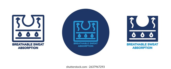 Set of 5 pixel perfect colored Breathable sweat absorption icon with 1 unexpanded, 1 silhouette, Fabric or clothing icon with arrows indicating airflow and moisture-wicking capability.