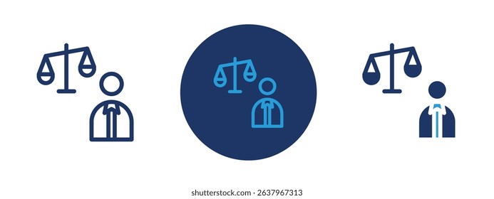 Set of 5 pixel perfect colored Attorney in law icon with 1 unexpanded, 1 silhouette, Person with scale of justice symbolizing a legal professional.