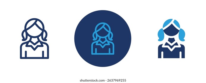 Set of 5 pixel perfect colored School girl icon with 1 unexpanded, 1 silhouette, Illustration of a young girl wearing a school uniform and backpack.