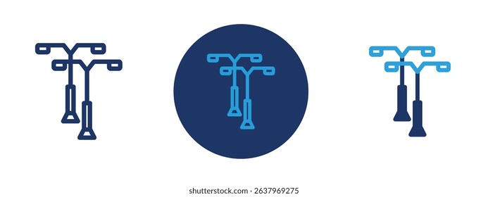 Set of 5 pixel perfect colored Street lighting icon with 1 unexpanded, 1 silhouette, Icon of a classic or modern street lamp post illuminating the sidewalk.