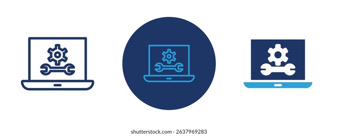 Set of 5 pixel perfect colored Repairing laptop icon with 1 unexpanded, 1 silhouette, Icon of a laptop being fixed with tools, representing tech repair or maintenance.