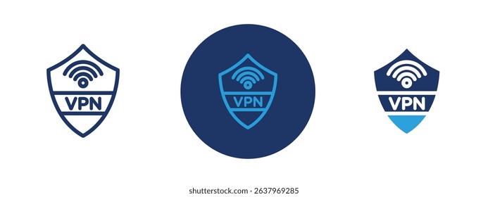 Set of 5 pixel perfect colored VPN icon with 1 unexpanded, 1 silhouette, Shield or lock with internet globe symbolizing virtual private network.