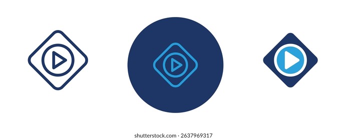 Set of 5 pixel perfect colored Play button icon with 1 unexpanded, 1 silhouette, Triangle pointing right representing media playback.