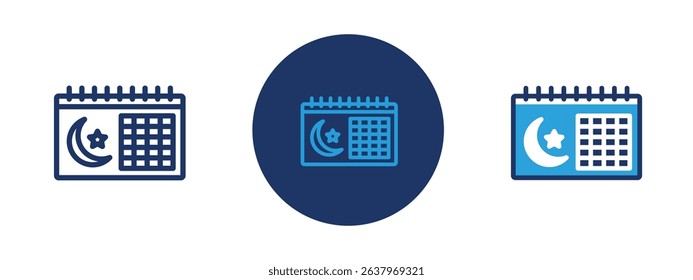 Set of 5 pixel perfect colored Ramadan Calendar Icon with 1 unexpanded, 1 silhouette, Islamic-themed calendar with a crescent moon and star indicating Ramadan dates.