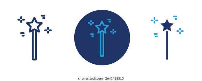 Set of 5 pixel perfect colored Fairy Wand icon with 1 unexpanded, 1 silhouette, Magic fairy wand with sparkling stars icon, ideal for fantasy or celebration use.