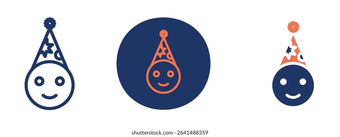 Set of 5 pixel perfect colored Smiley Face with Party Hat icon with 1 unexpanded, 1 silhouette, Cheerful emoji with party hat and sparkles.