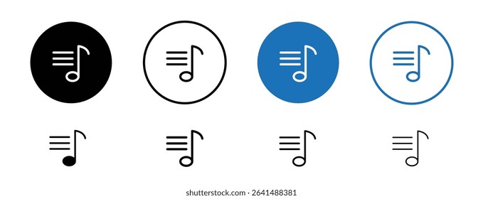 Set of 5 pixel perfect colored Music note icon with 1 unexpanded, 1 silhouette, Musical note symbol representing melody and rhythm.