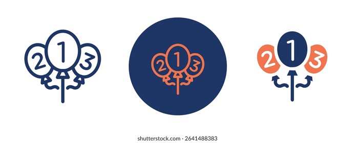 Set of 5 pixel perfect colored Number Balloon icon with 1 unexpanded, 1 silhouette, Shiny number-shaped balloon for festive occasions.