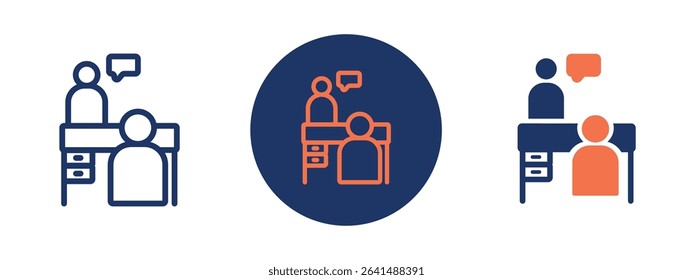 Set of 5 pixel perfect colored Interview icon with 1 unexpanded, 1 silhouette, Two individuals seated across a table for interview discussion.