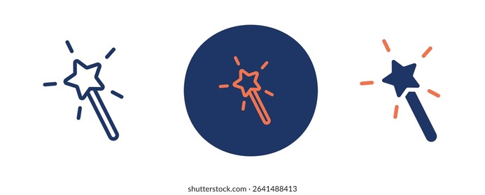 Set of 5 pixel perfect colored Fairy Wand icon with 1 unexpanded, 1 silhouette, Enchanted star wand with glitter trails.
