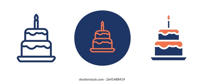 Set of 5 pixel perfect colored Double tier birthday cake icon with 1 unexpanded, 1 silhouette, Decorative double-layer cake with icing and festive candles.
