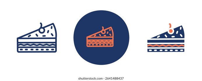Set of 5 pixel perfect colored Cake Slice icon with 1 unexpanded, 1 silhouette, Cake wedge with visible layers and decorative icing.