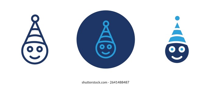 Set of 5 pixel perfect colored Smiley Face with Party Hat icon with 1 unexpanded, 1 silhouette, Cheerful smiley face wearing a party hat for celebration themes.