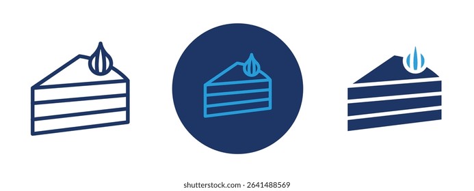Set of 5 pixel perfect colored Cake Slice icon with 1 unexpanded, 1 silhouette, Icon of a delicious slice of cake with layers and frosting details.