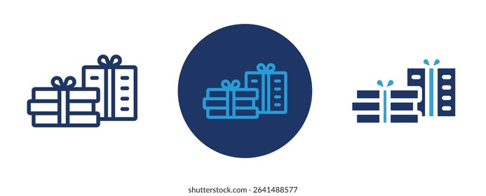 Set of 5 pixel perfect colored Birthday Present Stack icon with 1 unexpanded, 1 silhouette, Stacked birthday presents in various sizes and ribbon styles for celebration themes.