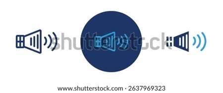Set of 5 pixel perfect colored Speaker volume icon with 1 unexpanded, 1 silhouette, Loudspeaker with sound waves indicating audio output or volume.