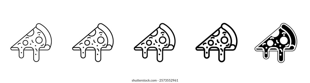 Set of 5 Pizza icon, 1 Silhouette, 1 unexpanded vector, Pizza slice with toppings, symbolizing fast food and Italian cuisine, Pizza cheese melting delicious, pie oregano pepperoni pizza piece