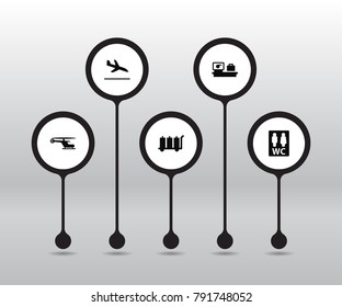 Set Of 5 Plane Icons Set.Collection Of Toilet, Chopper, Luggage Check And Other Elements.