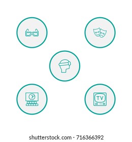 Set Of 5 Pleasure Outline Icons Set.Collection Of Masks, Vr Helmet, Tv Set And Other Elements.