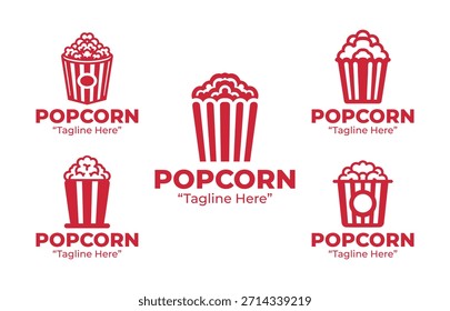 A set of 5 popcorn brand logo designs suitable for snack products and entertainment food businesses. Ideal for packaging and consumer brand identity.